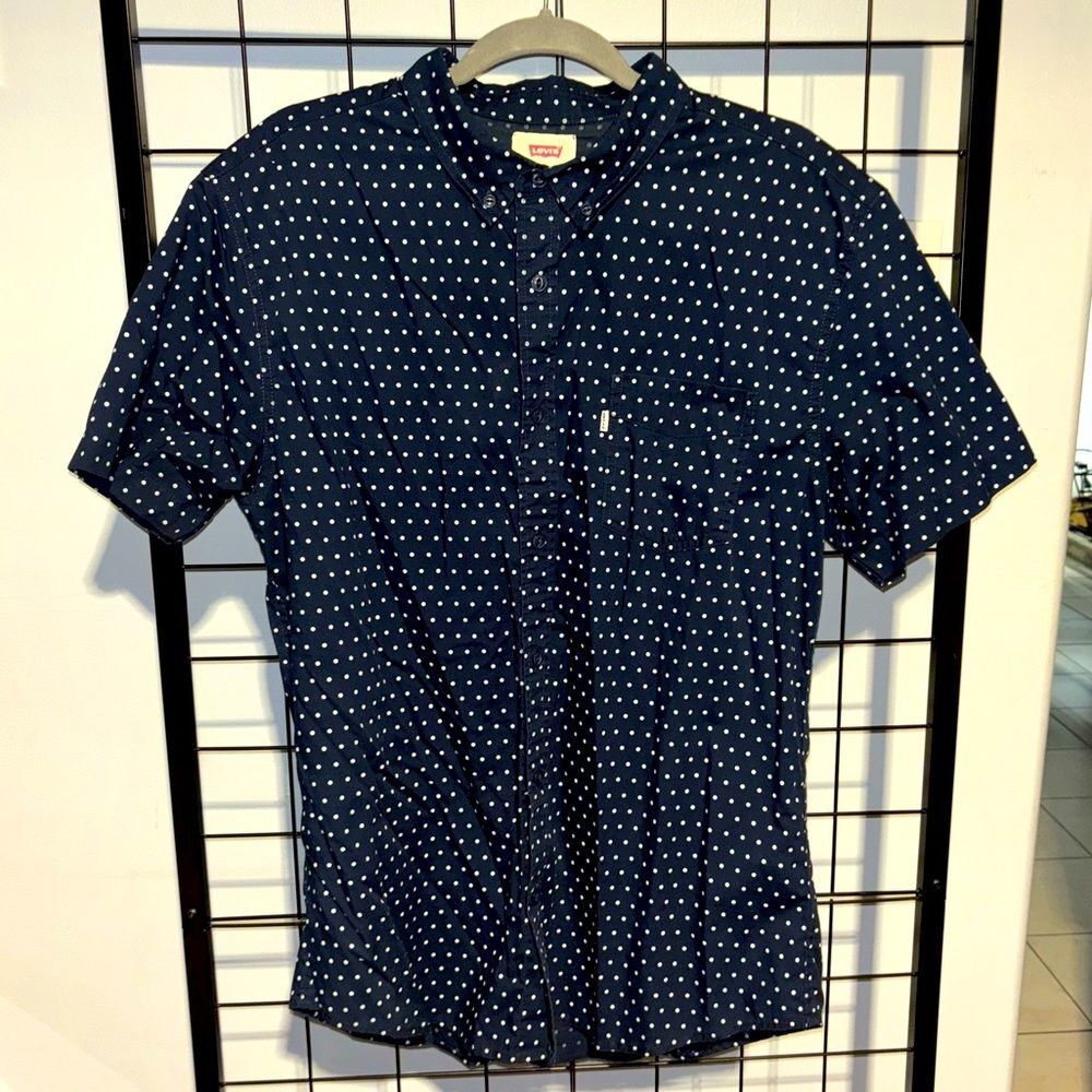 Levi's Dark Blue Polka Dot Casual Button Down Short Sleeve Shirt EUC